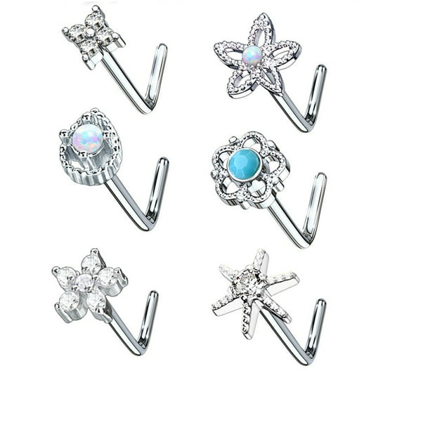 6 Pc Surgical Steel L Bend Nose Stud Ring with 2.5mm Aurora Borealis CZ End